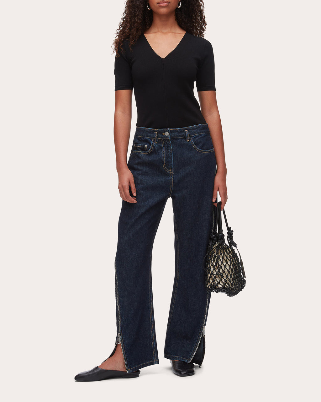 Denim Twill Zip Curved-Leg Jeans