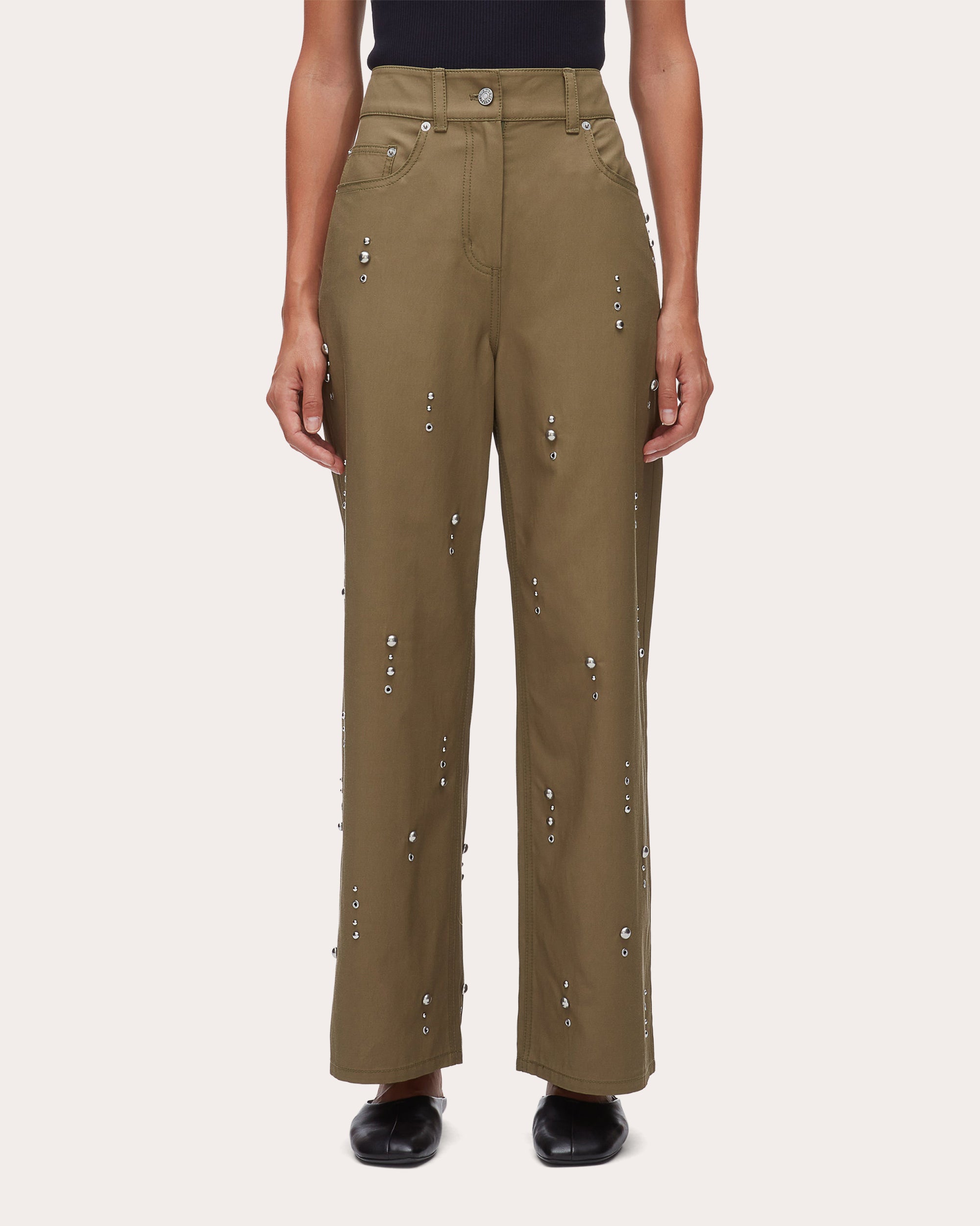 Studded Twill Wide-Leg Pants