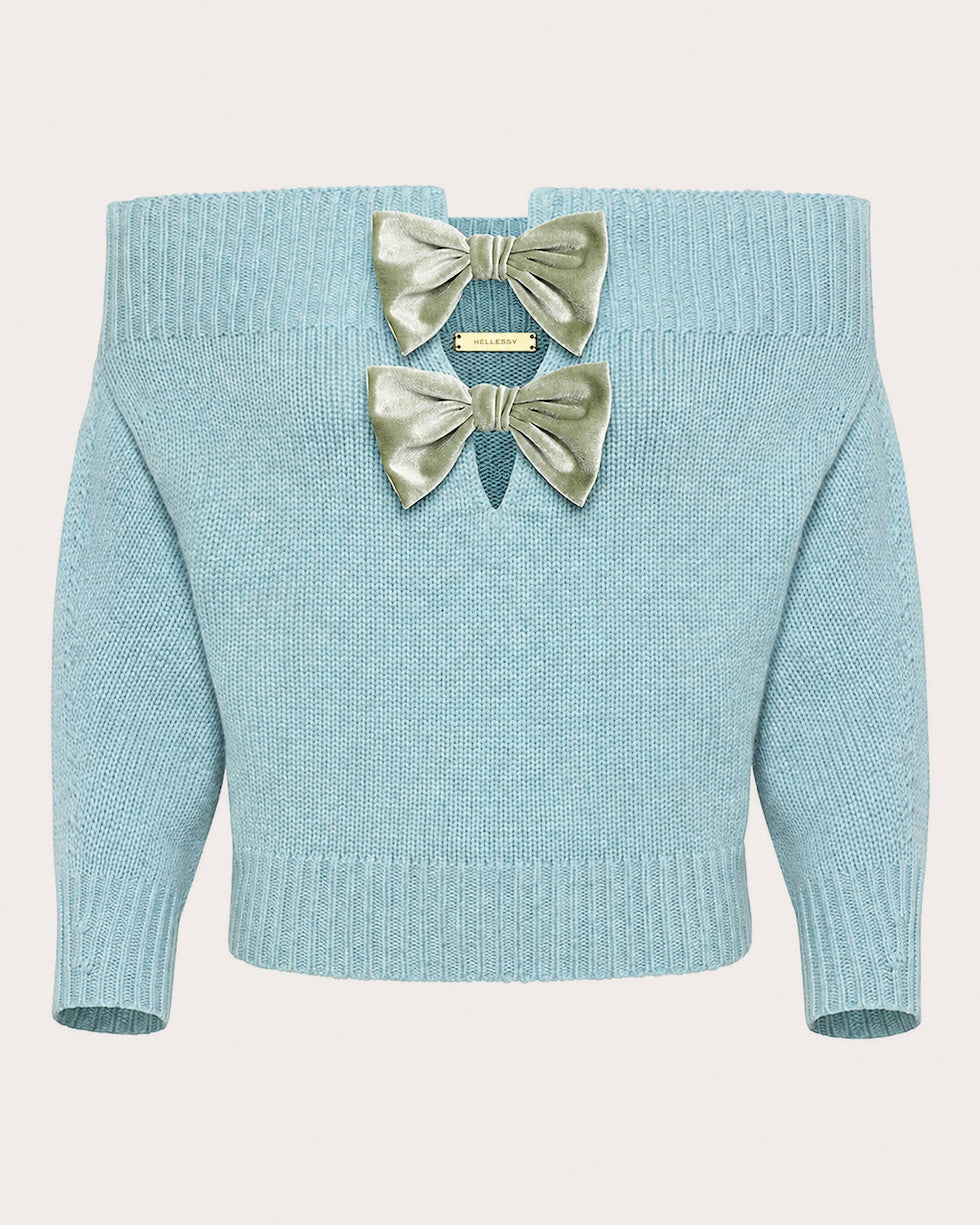 Colin Velvet Bow Off-Shoulder Sweater