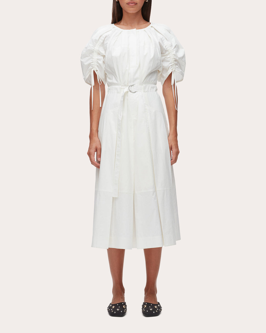Cotton Poplin Ruched-Sleeve Midi Dress