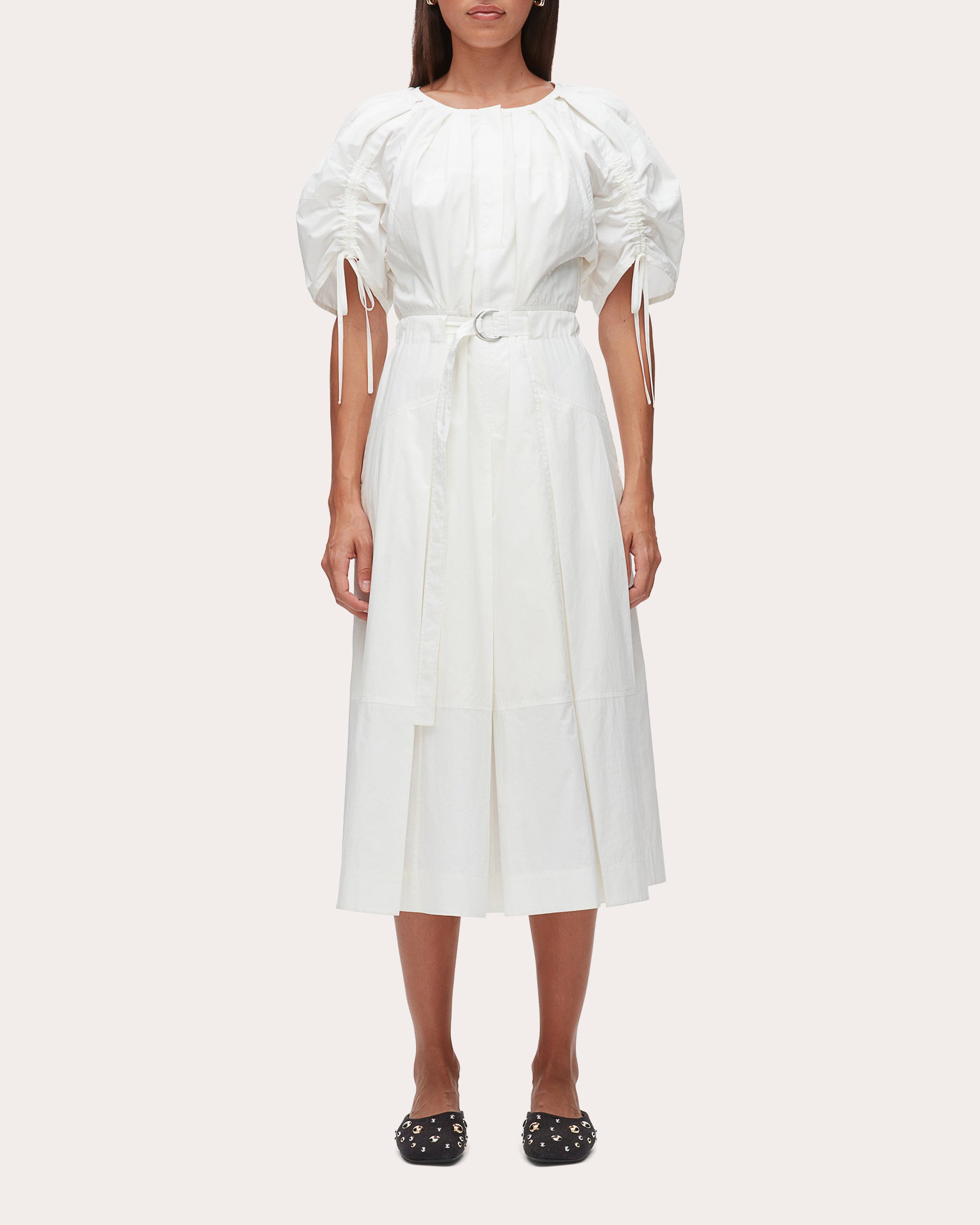 Cotton Poplin Ruched-Sleeve Midi Dress