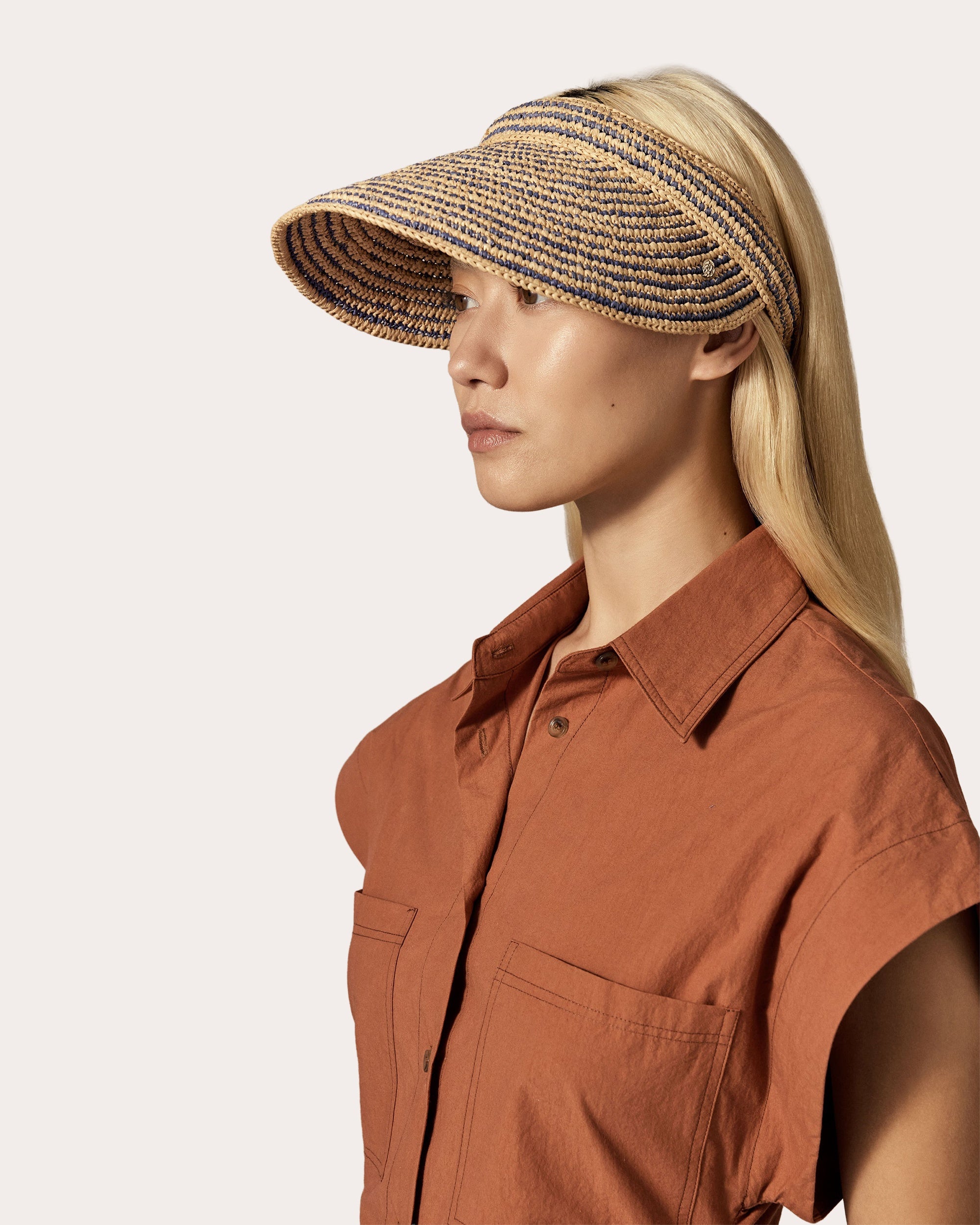 Sunlee Stripe Crocheted Raffia Visor