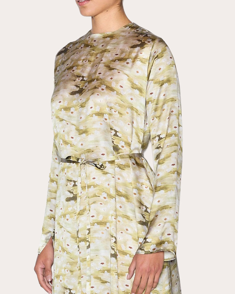 Wholesome Floral Silk Long-Sleeve Gown