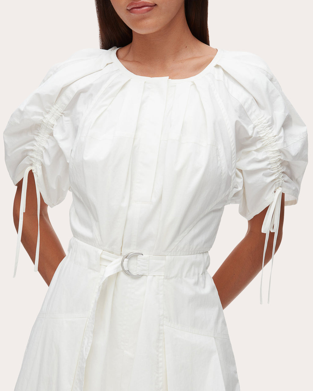 Cotton Poplin Ruched-Sleeve Midi Dress