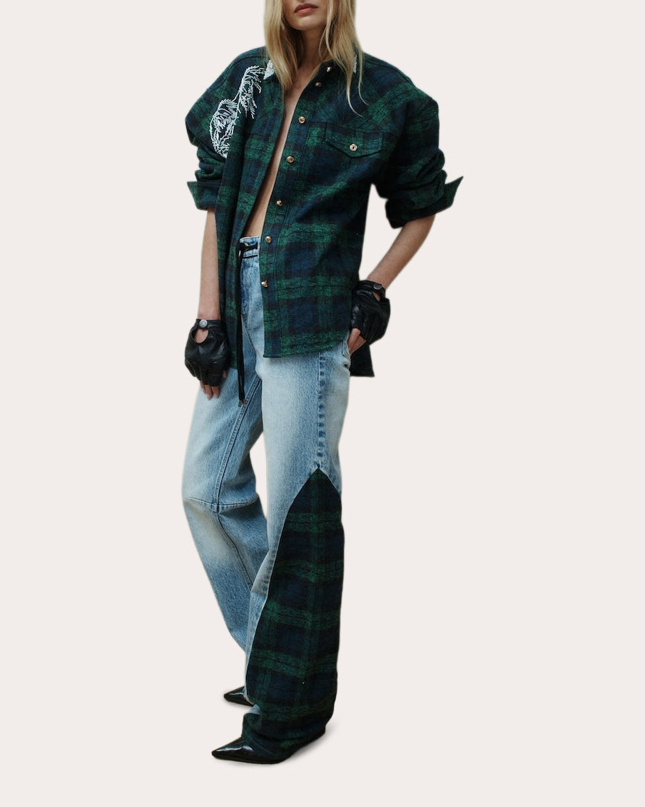 Ox Embellished Plaid High-Low Shirt