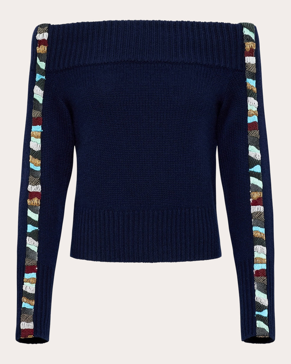 Trevor Beaded Wool Cashmere Off-Shoulder Sweater