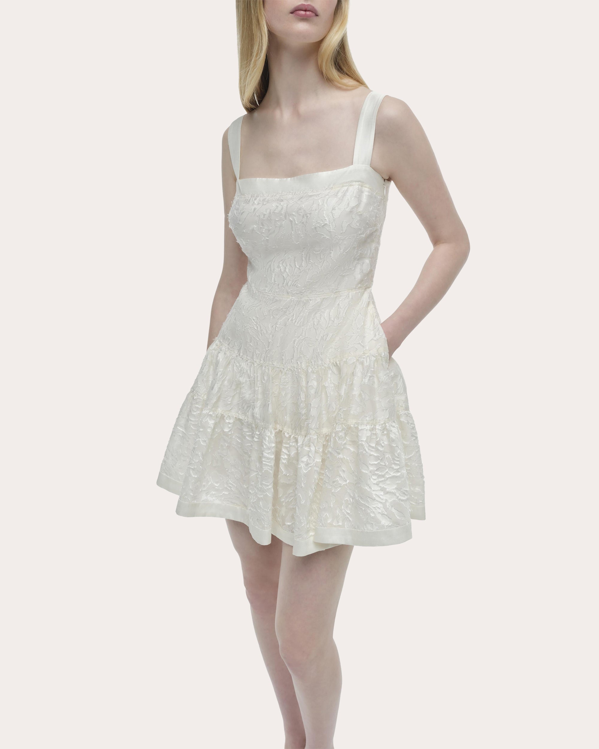 Laila Frayed Jacquard Tiered Mini Dress