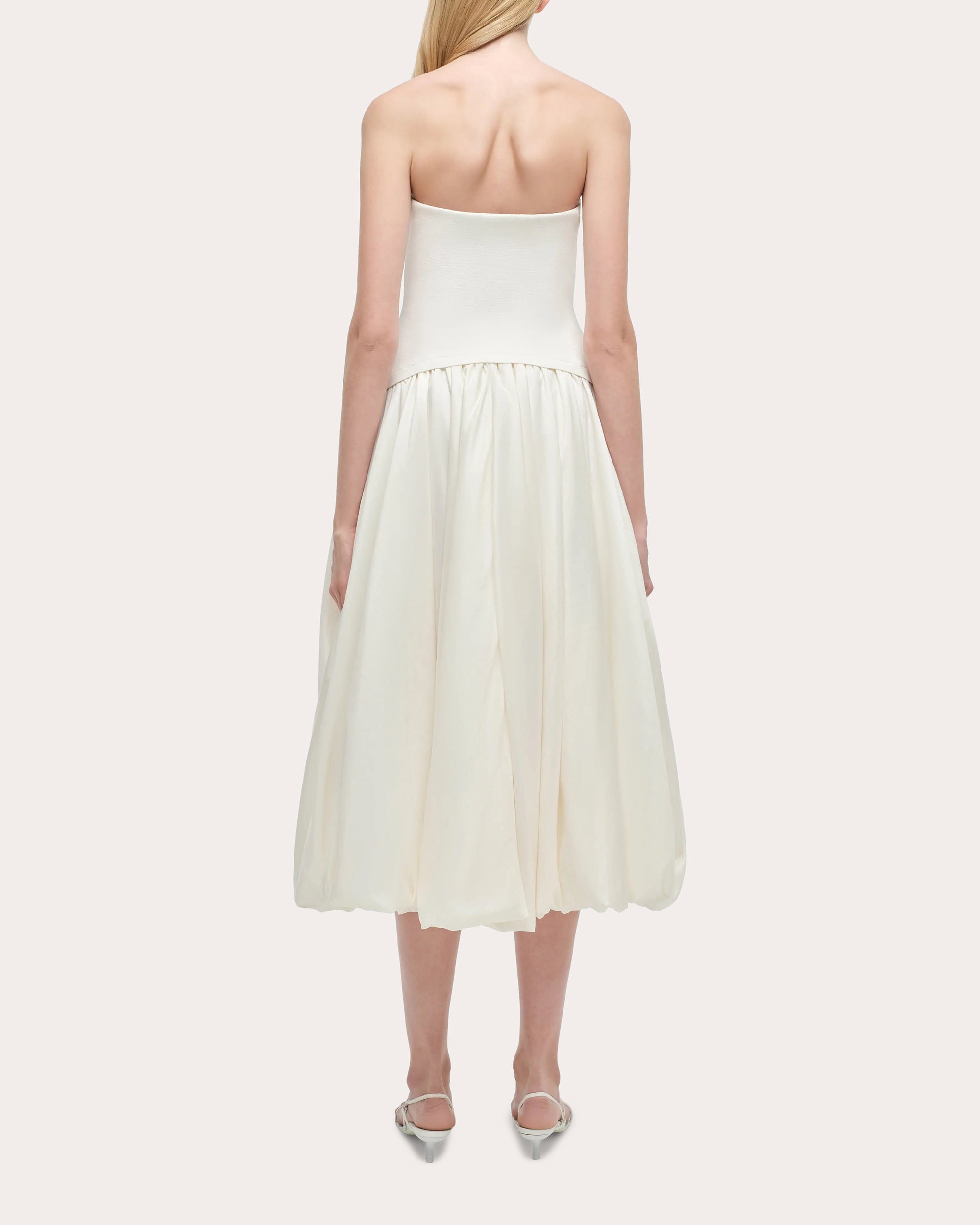 Izzy Knit Taffeta Gathered Strapless Midi Dress | Olivela Izzy Knit Taffeta Gathered Strapless Midi Dress | Olivela