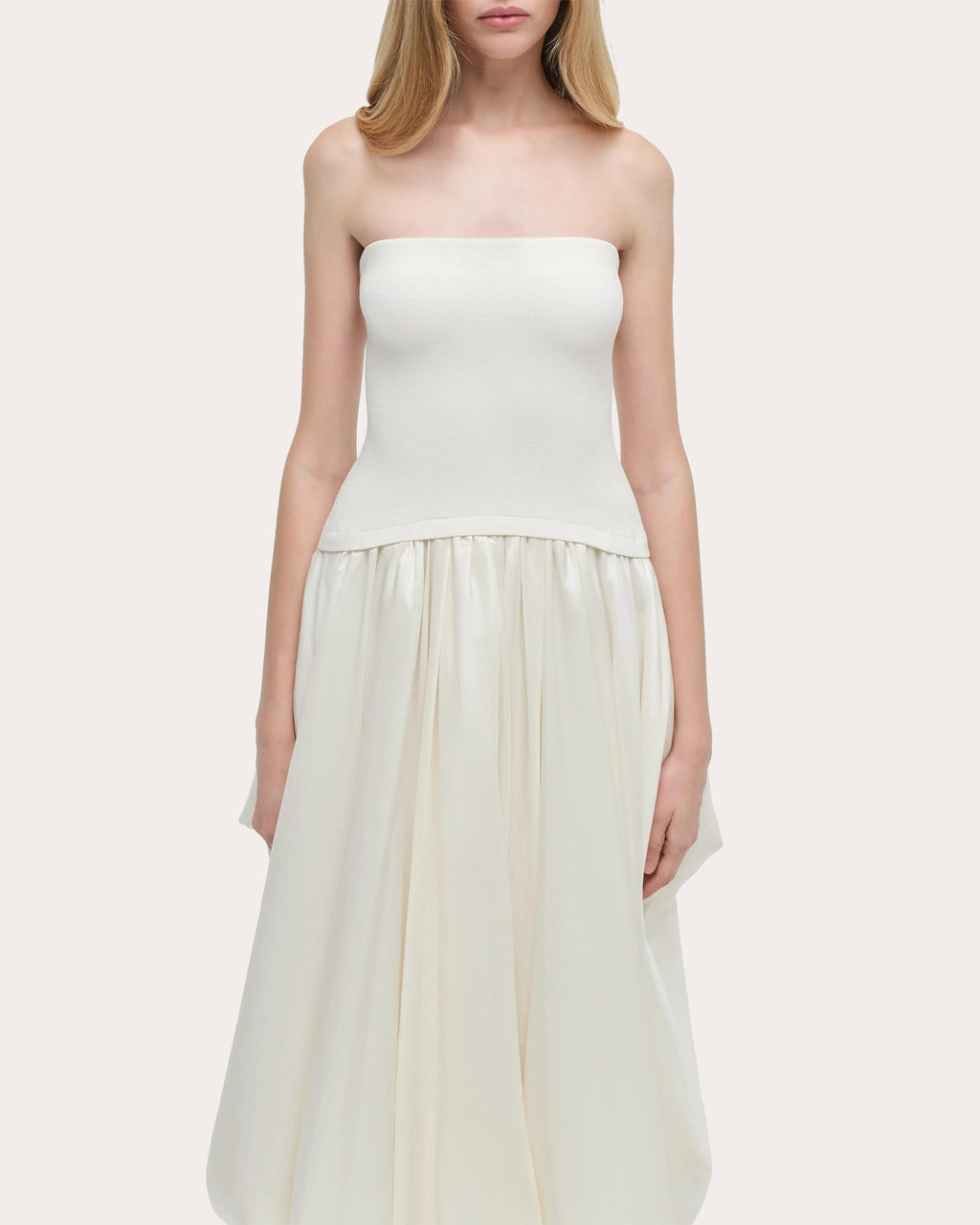 Izzy Knit Taffeta Gathered Strapless Midi Dress