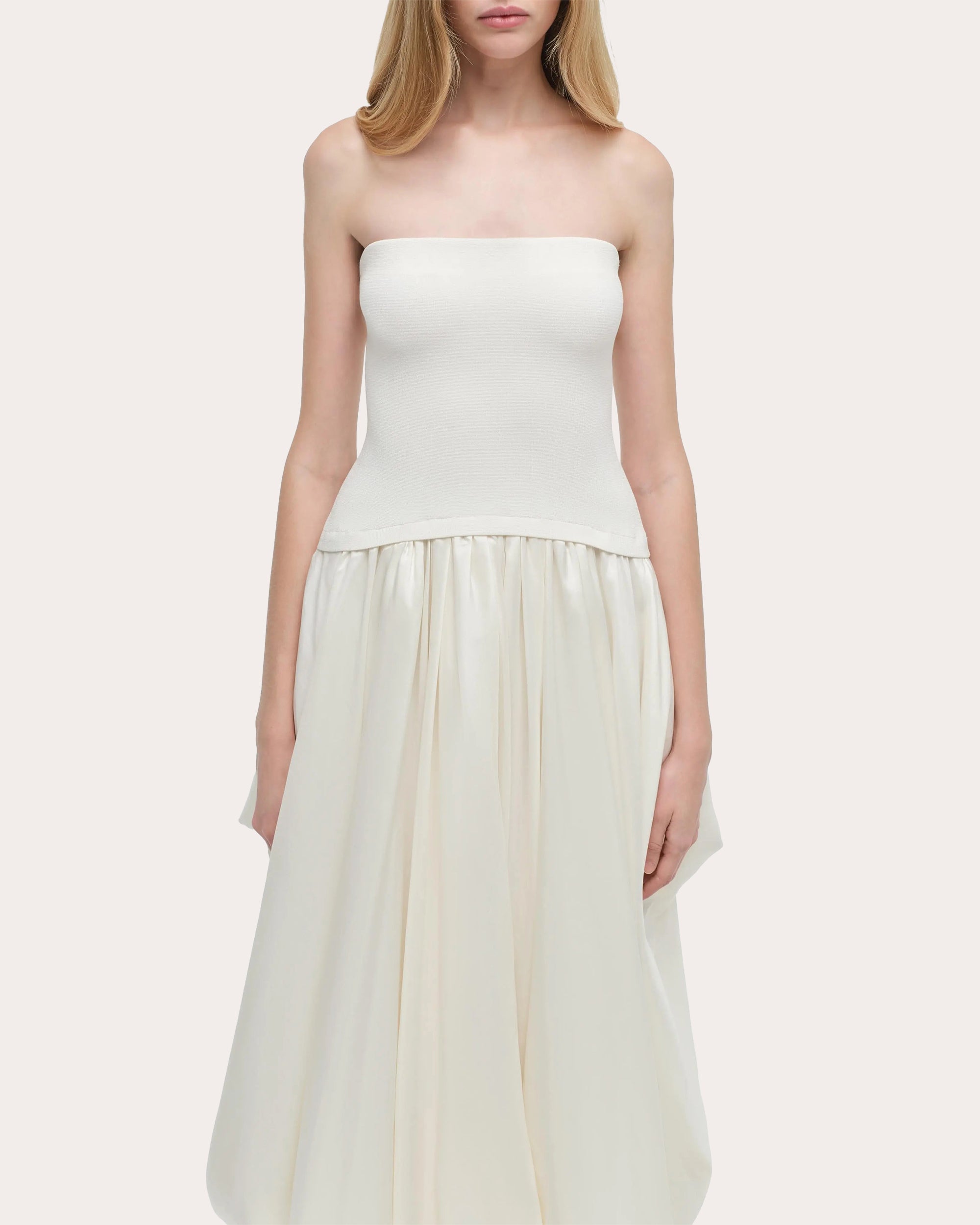 Izzy Knit Taffeta Gathered Strapless Midi Dress