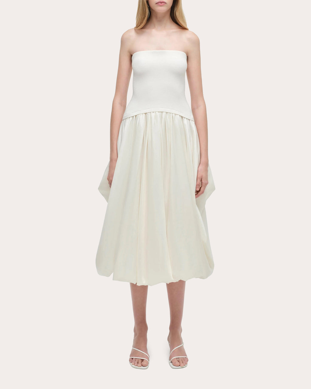 Izzy Knit Taffeta Gathered Strapless Midi Dress