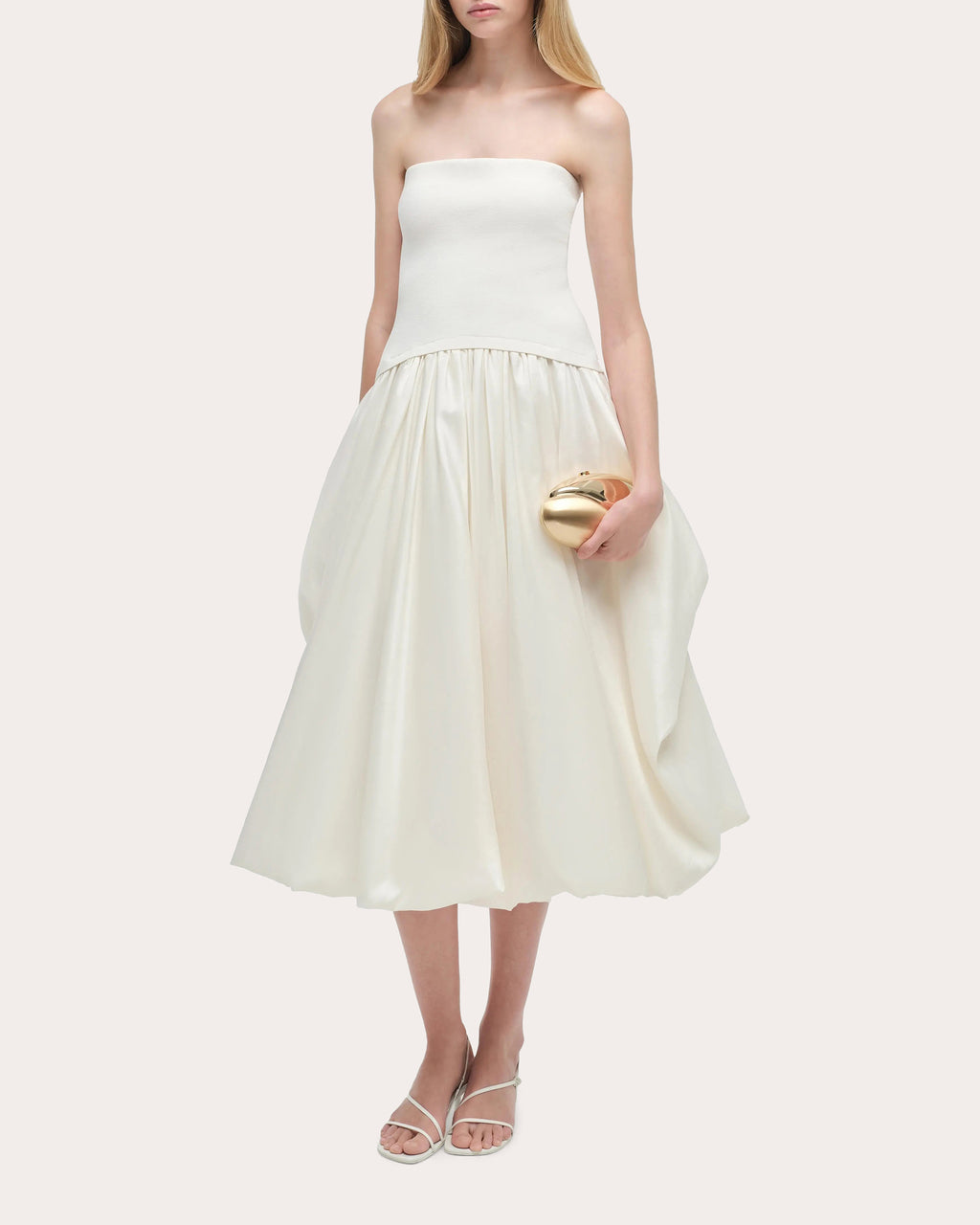 Izzy Knit Taffeta Gathered Strapless Midi Dress