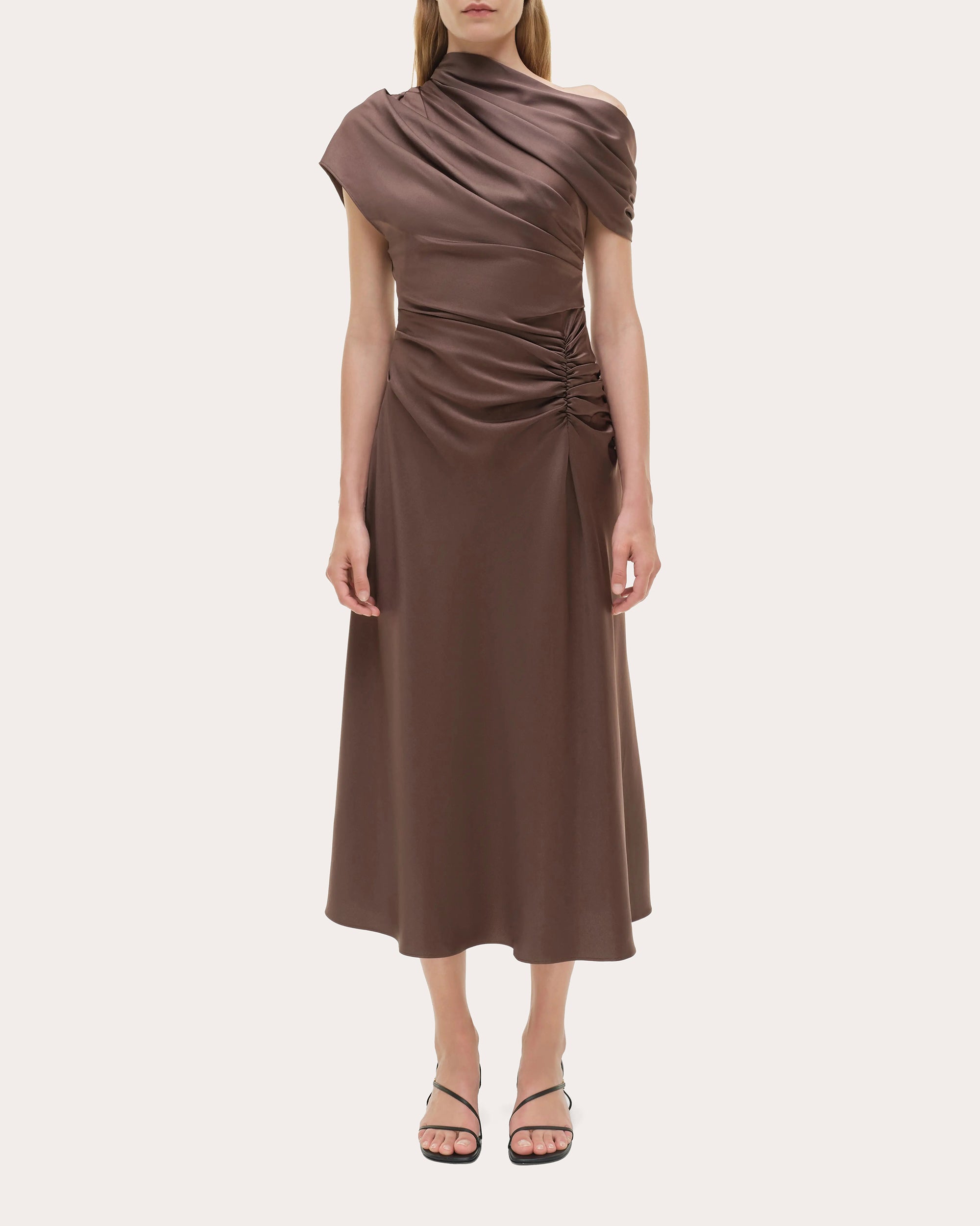 Joanna Draped Satin Asymmetric Midi Dress