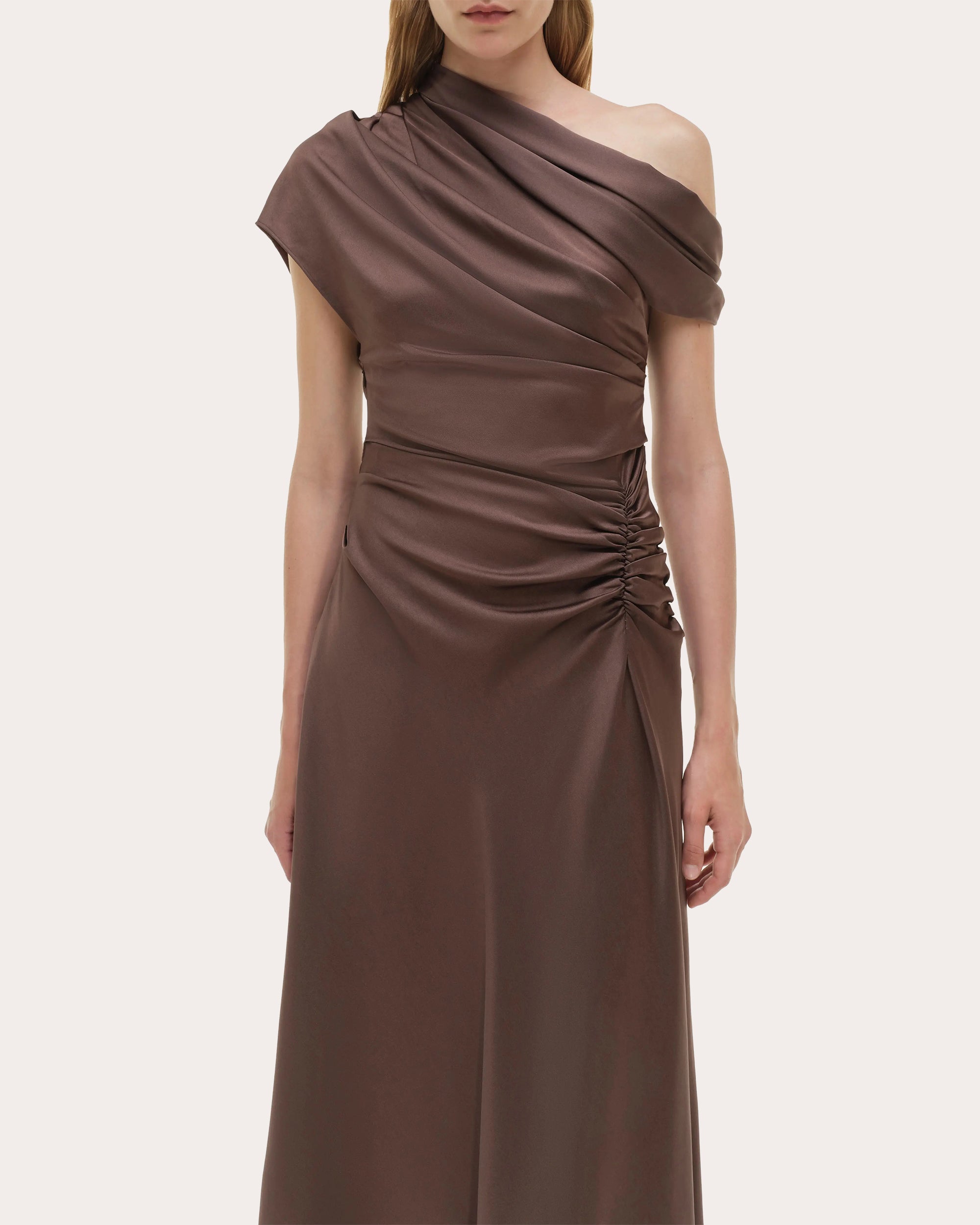 Joanna Draped Satin Asymmetric Midi Dress