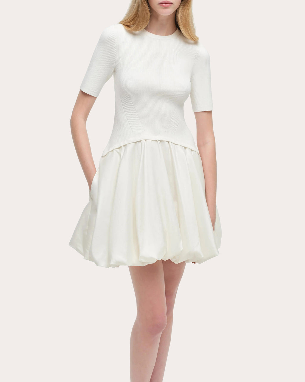 Kenny Knit Taffeta Combo Gathered Mini Dress