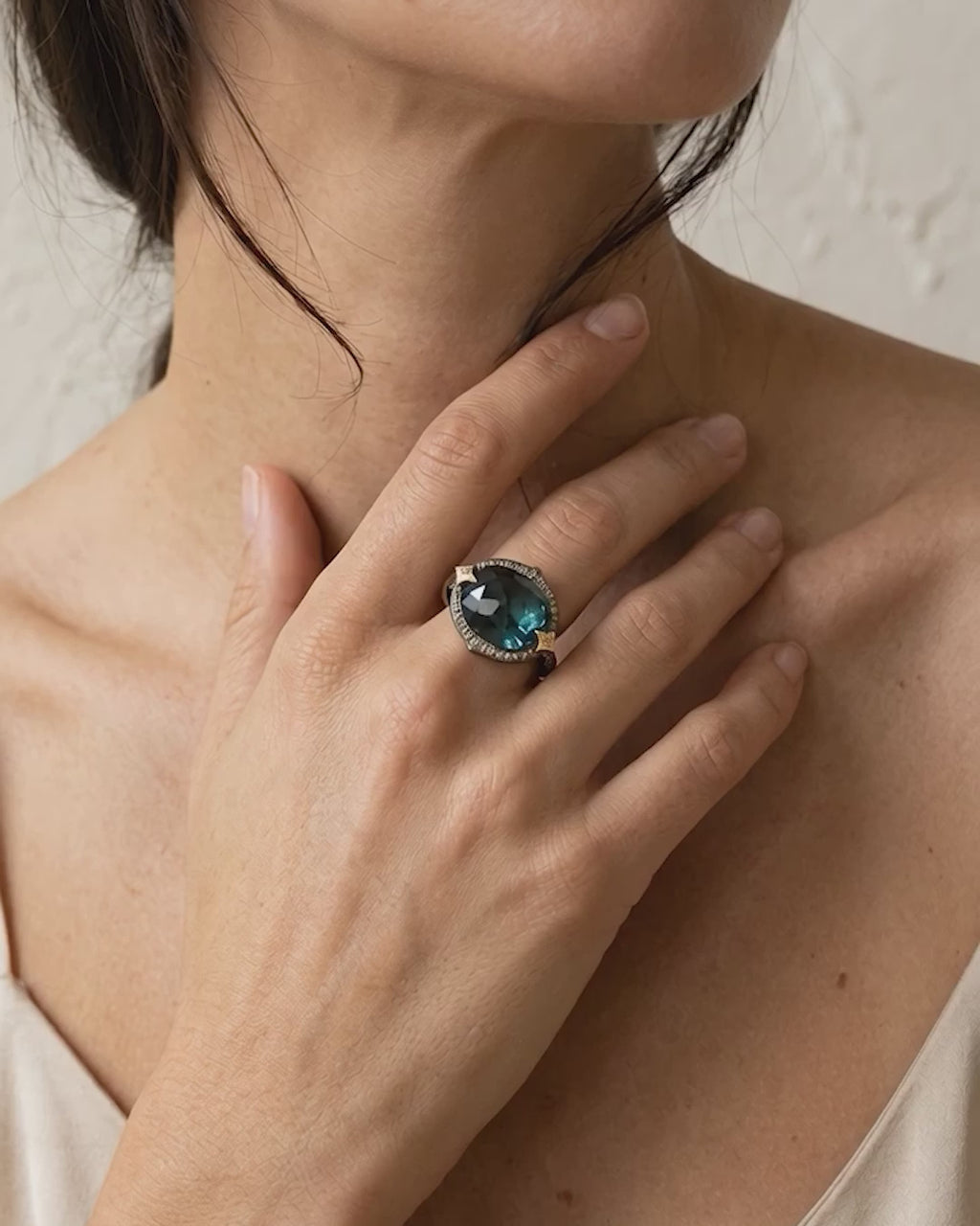 18K Gold Blackened Sterling Silver Topaz and Diamond Ring