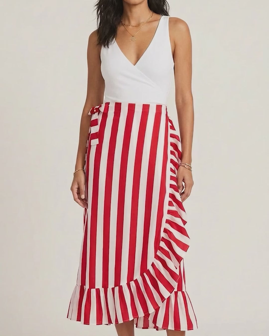 Marla Stripe Cotton Ruffle Midi Wrap Skirt