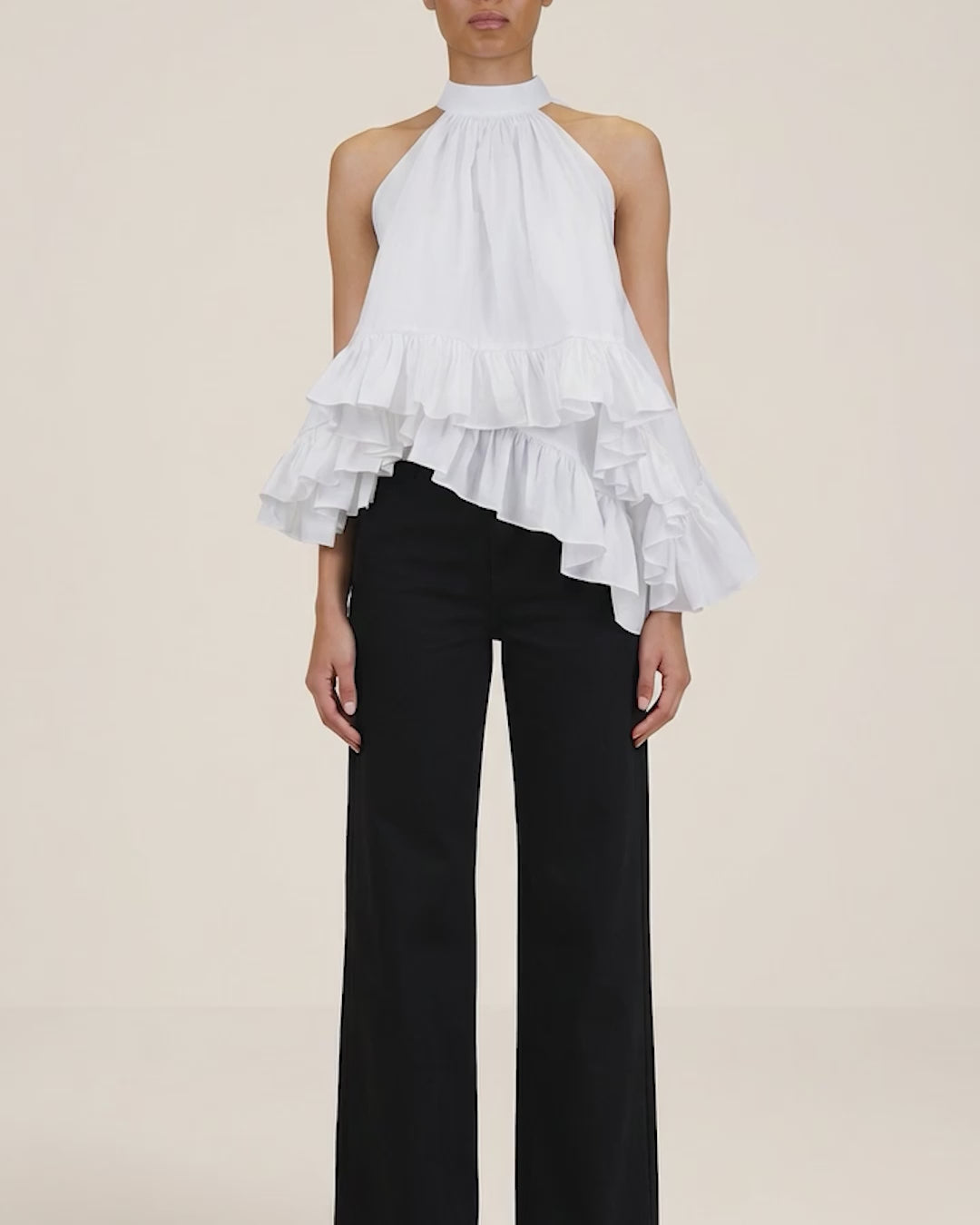 Plath Poplin Asymmetric Ruffle Halter Top