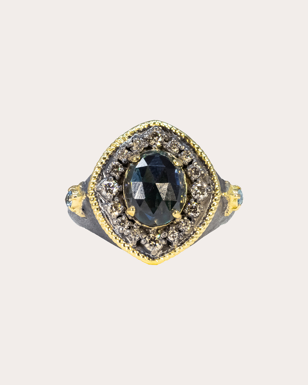 18K Gold Blackened Sterling Silver Topaz and Diamond Signet Ring