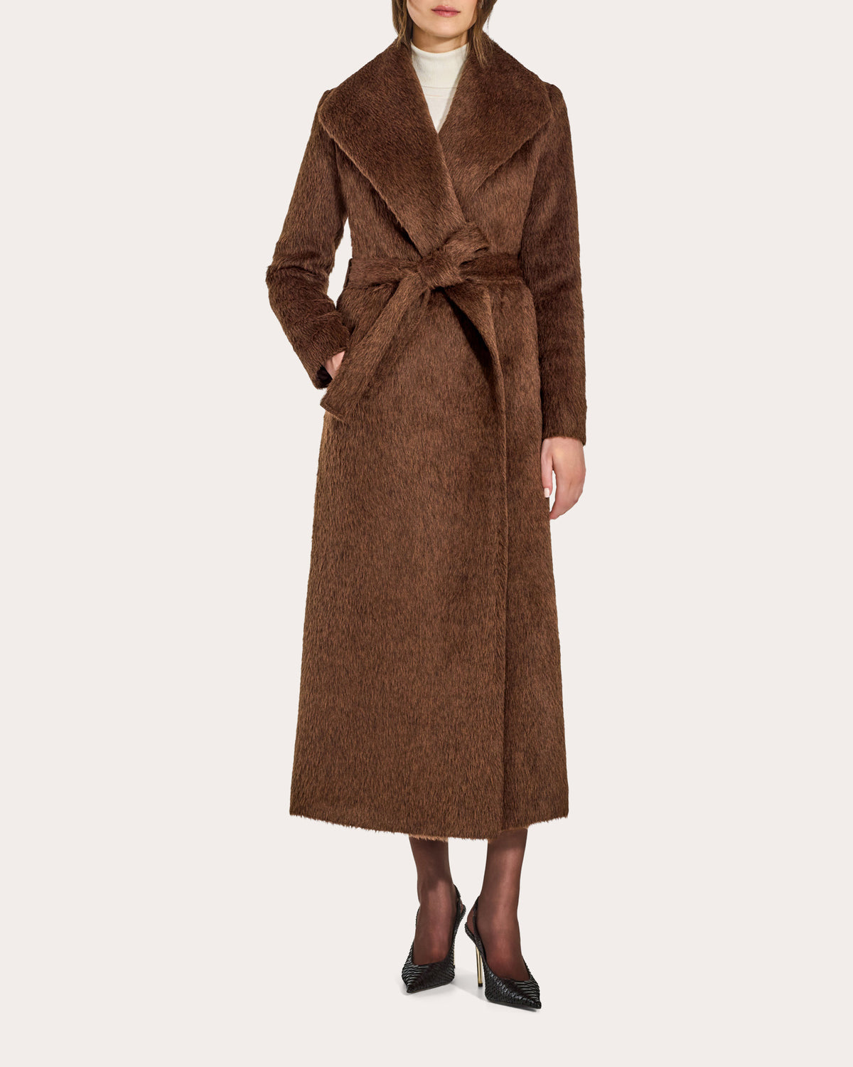 Textured Suri Alpaca Shawl Collar Maxi Wrap Coat