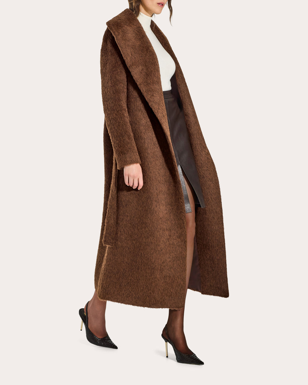 Textured Suri Alpaca Shawl Collar Maxi Wrap Coat