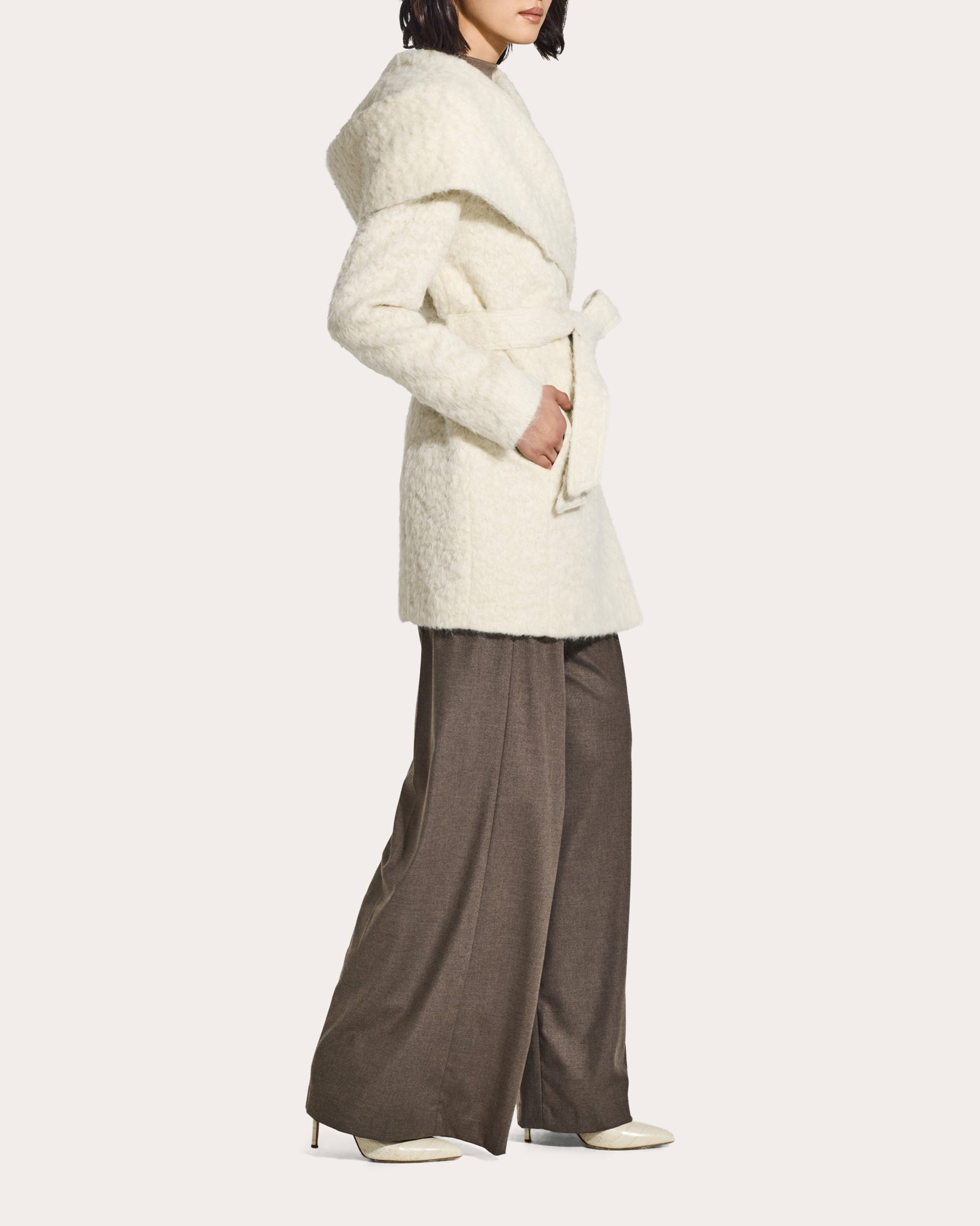 Textured Suri Alpaca Short Hooded Wrap Coat