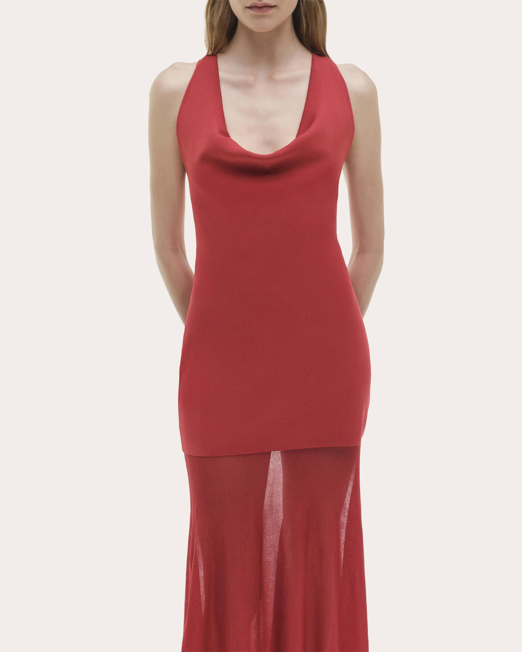 Xena Sheer Knit Combo Cowl Neck Maxi Dress