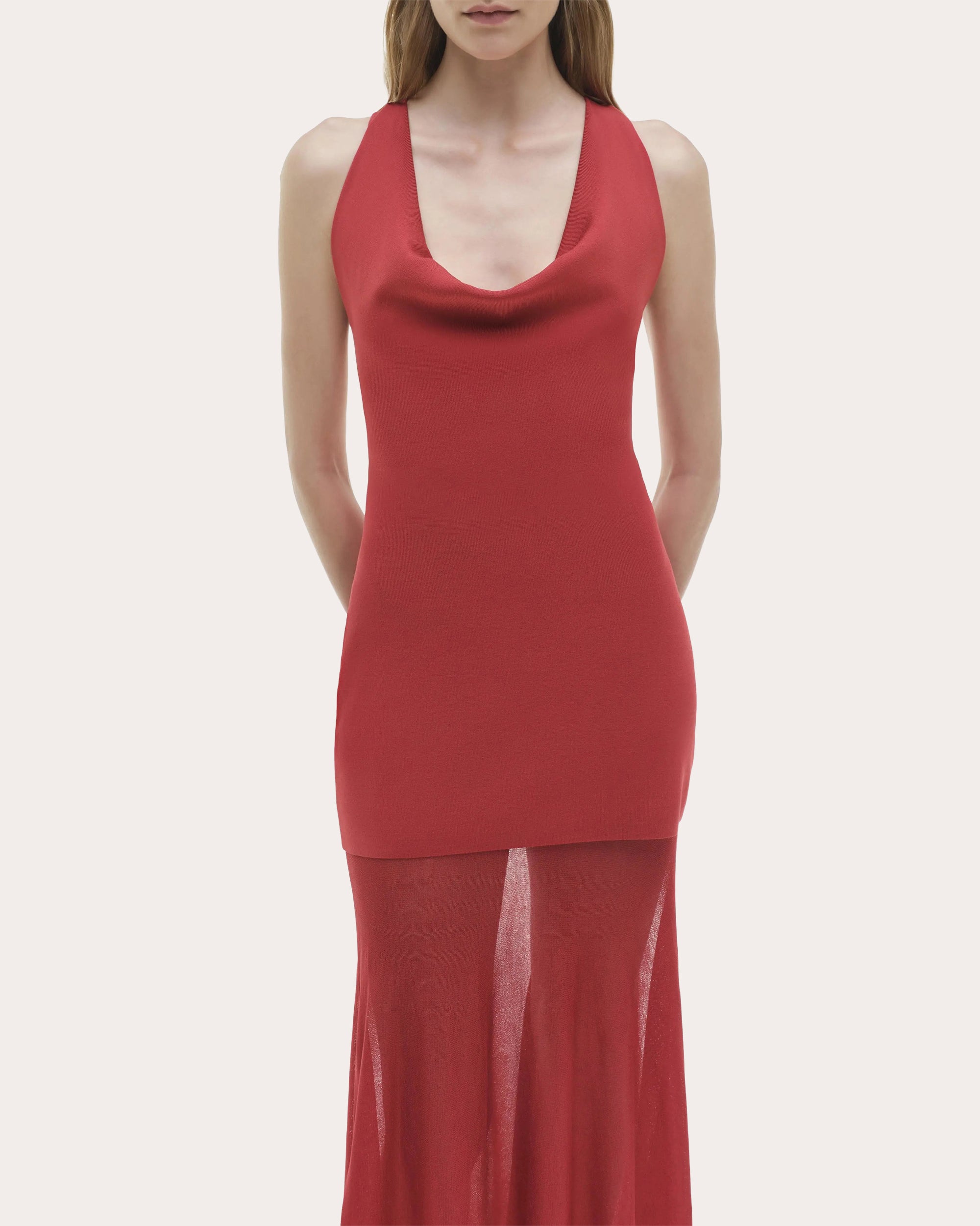 Xena Sheer Knit Combo Cowl Neck Maxi Dress