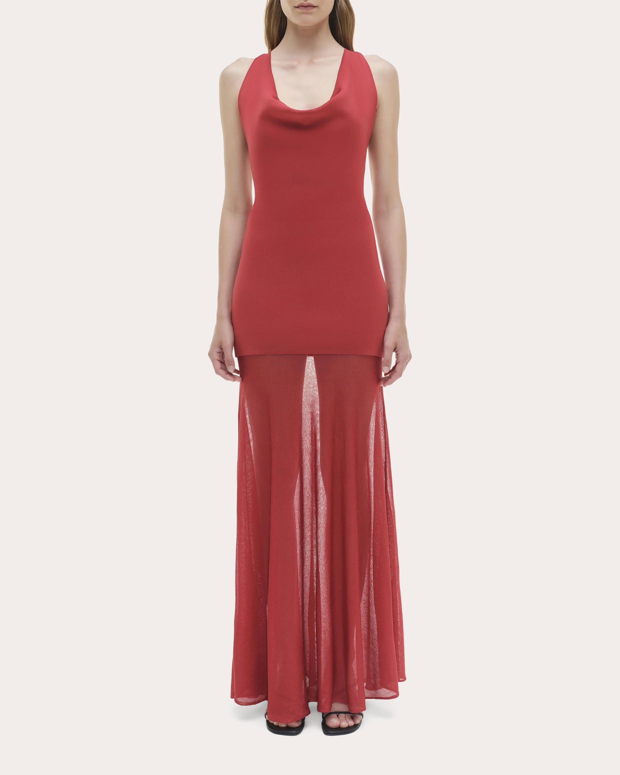 Xena Sheer Knit Combo Cowl Neck Maxi Dress